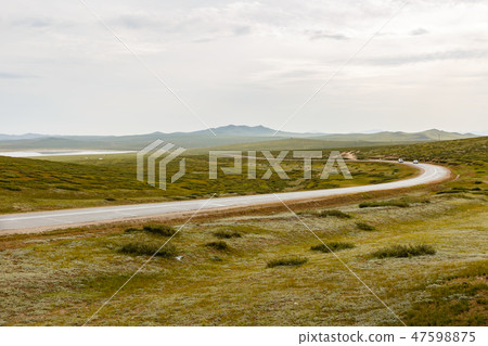asphalt road in the Mongolian steppe asphalt road in the Mongolian steppe 47598875