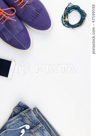 Overhead view of woman casual outfit Overhead view of woman casual outfit 47599598
