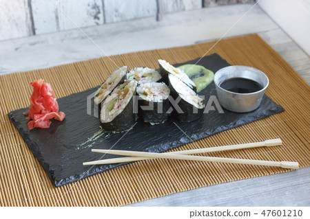 Japanese rolls with cucumber, crabs and omelet Japanese rolls with cucumber, crabs and omelet 47601210
