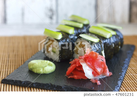 Japanese rolls with cucumber, crabs and omelet  47601231