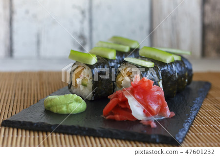 Japanese rolls with cucumber, crabs and omelet  47601232