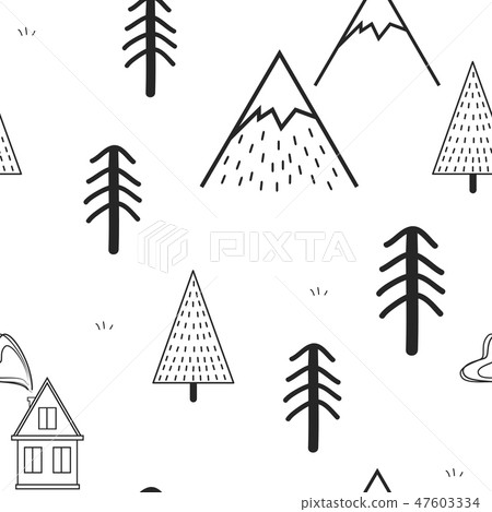 Cute hand drawn seamless pattern with trees,... - Stock Illustration ...