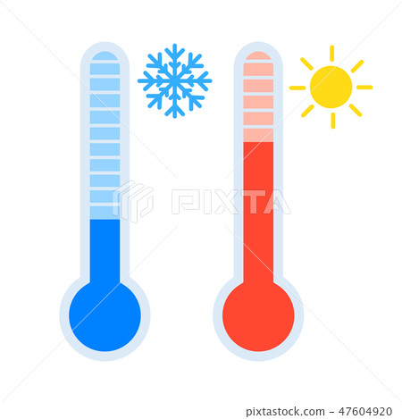 Thermometer icon set measuring heat and cold temperature, with sun and snowflake symbol, simple flat 47604920