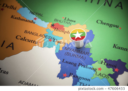 Myanmar marked with a flag on the map 47606433