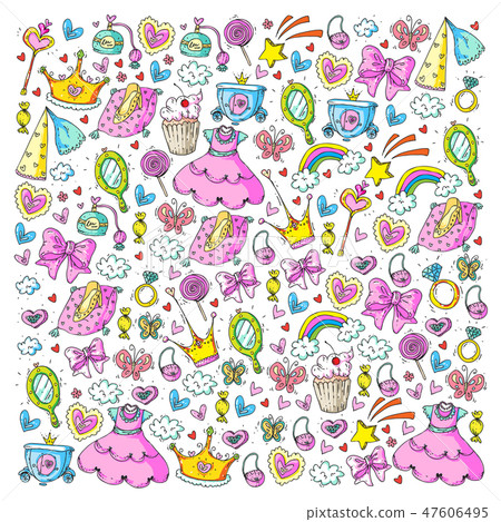 Princess birthday party for little girls. Kindergarten, school children picture. Illustration for 47606495