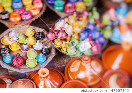 Tajines in the market in Morocco. Selective Focus. 47607343