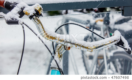 bike in snow after high snowfall in Europe.  47607498