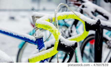 bike in snow after high snowfall in Europe. bike in snow after high snowfall in Europe. 47607639
