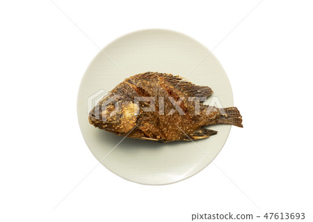 Fried fish on white dish. Fried fish on white dish. 47613693