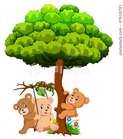 Many cute baby bears and snake playing under tree 47616781
