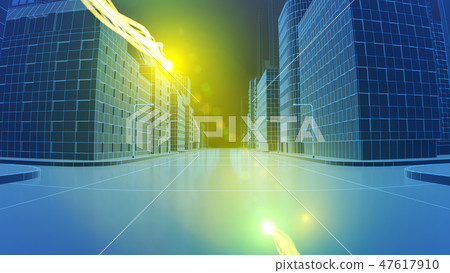 Colorful strokes moving throug wireframe city, Concept of data travel via internet. 3d illustration 47617910