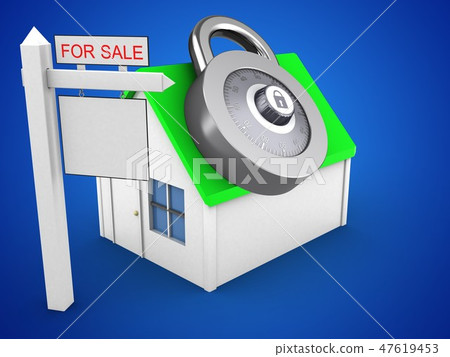 3d illustration of house with sale sign and lock 3d illustration of house with sale sign and lock 47619453