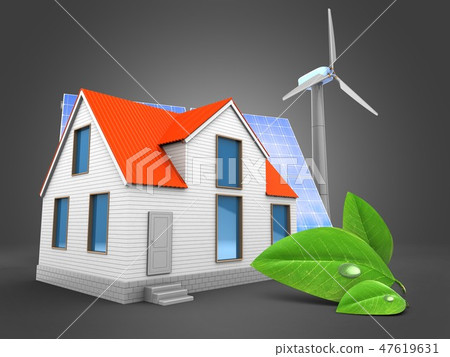 3d illustration of house with solar  and leaf 47619631