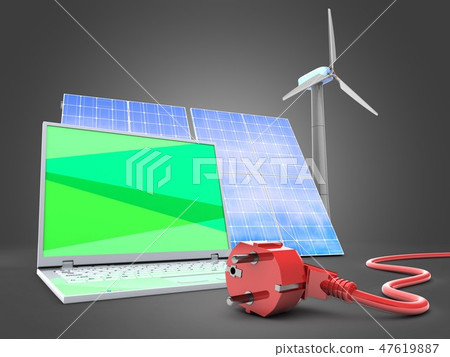 3d illustration of laptop with wind energy 3d illustration of laptop with wind energy 47619887