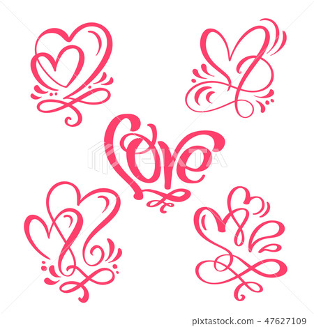 set of red Calligraphy word Love and hearts. Vector Valentines Day Hand Drawn lettering. Holiday set of red Calligraphy word Love and hearts. Vector Valentines Day Hand Drawn lettering. Holiday 47627109