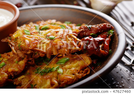 Closeup view at Homemade tasty potato pancakes 47627460