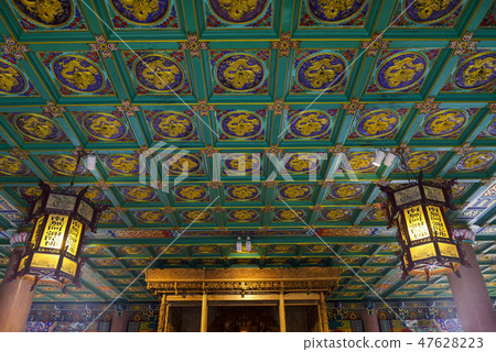colourful ceiling of chinese Temple in thailand 47628223