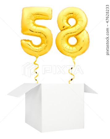 Golden number fifty eight inflatable balloon with golden ribbon flying out of blank white box Golden number fifty eight inflatable balloon with golden ribbon flying out of blank white box 47628233