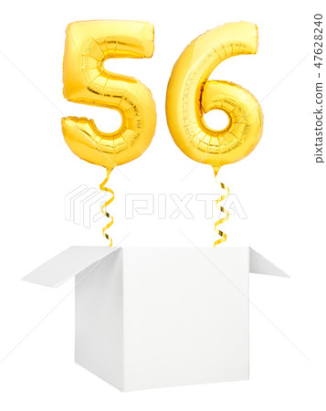 Golden number fifty six inflatable balloon with golden ribbon flying out of blank white box isolated Golden number fifty six inflatable balloon with golden ribbon flying out of blank white box isolated 47628240