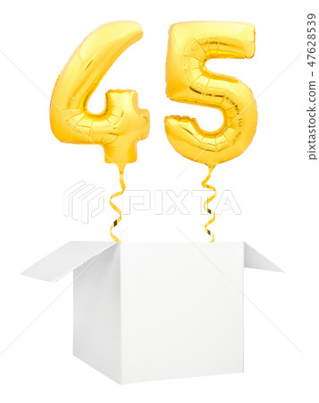 Golden number forty five inflatable balloon with golden ribbon flying out of blank white box 47628539