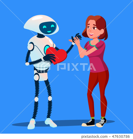 Robot In Love With Girl, Red Heart Vector. Isolated Illustration 47630786