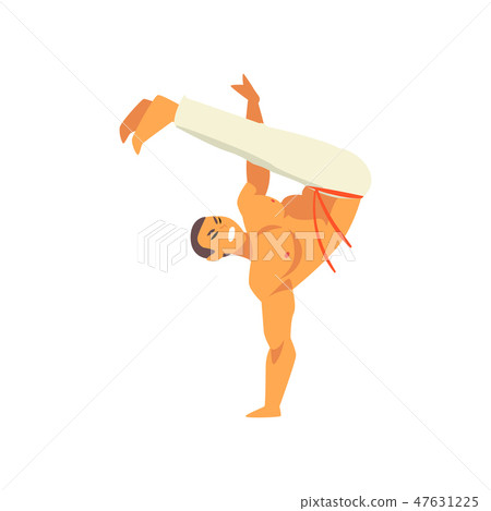 Smiling Man Standing on One Hand, Capoeira Dancer Character Practicing Movement, Brazilian National Smiling Man Standing on One Hand, Capoeira Dancer Character Practicing Movement, Brazilian National 47631225