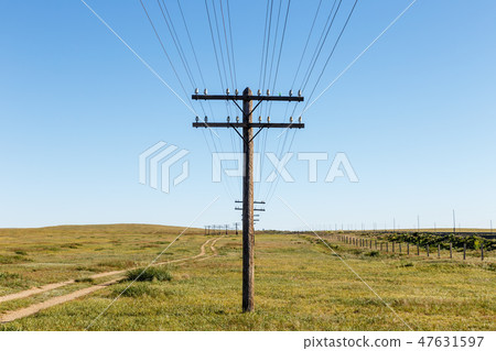 overhead line on wooden supports overhead line on wooden supports 47631597