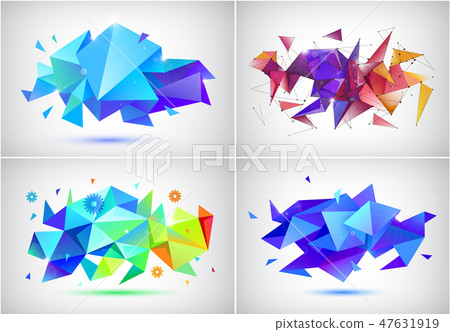 Vector set of abstract facet 3d shapes, geometric banners. Low poly triangle posters, modern concept 47631919