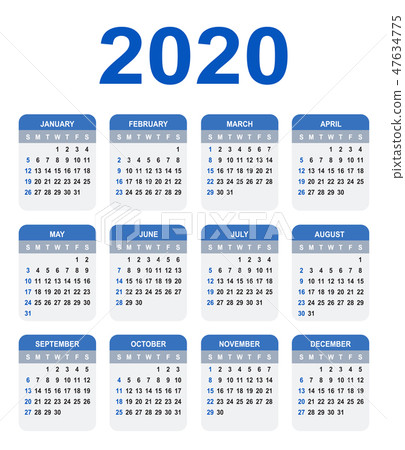 Calendar 2020. Week starts on Sunday.  47634775
