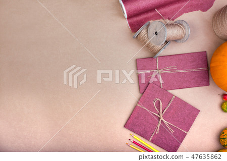Gift wrapping set on pink. A set of items for gift decoration. Flat lay top view 47635862