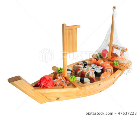 Set of sushi rolls on a wooden ship. Set of sushi rolls on a wooden ship. 47637228