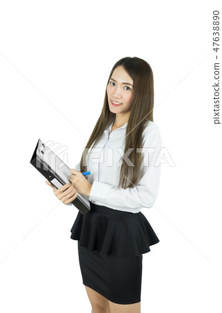 Asian business woman checking list order isolated. 47638890