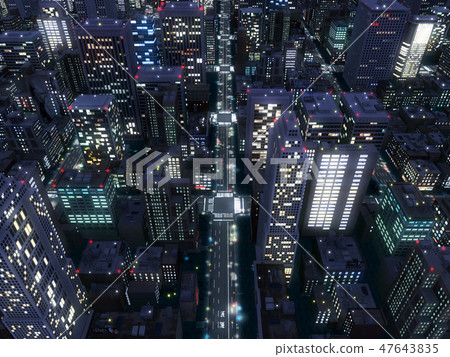 Urban city night view building network blue CG 47643835