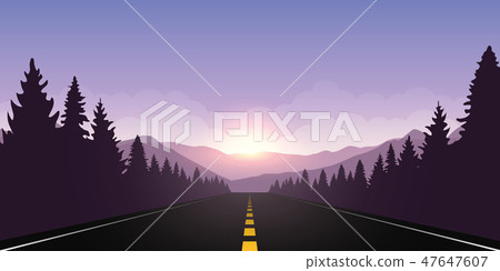 roadtrip adventure staight road and forest landscape at sunrise 47647607
