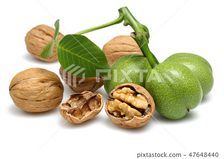 Walnuts and cracked walnut with leaves Walnuts and cracked walnut with leaves 47648440