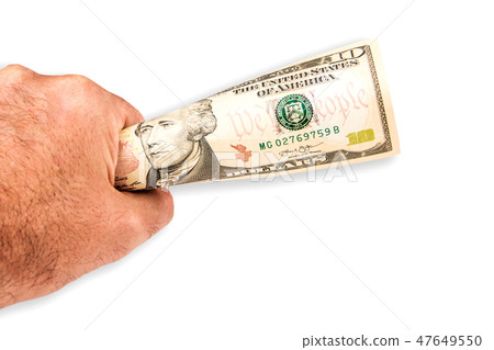 a man offering ten dollar banknote a man offering ten dollar banknote 47649550