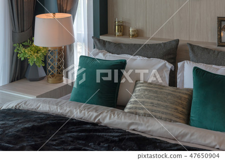 modern bedroom with set of pillows modern bedroom with set of pillows 47650904