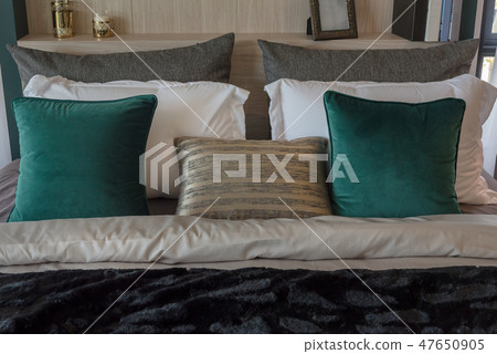 modern bedroom with set of pillows modern bedroom with set of pillows 47650905