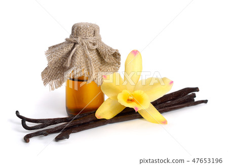 Vanilla essential oil in pharmaceutical bottle 47653196