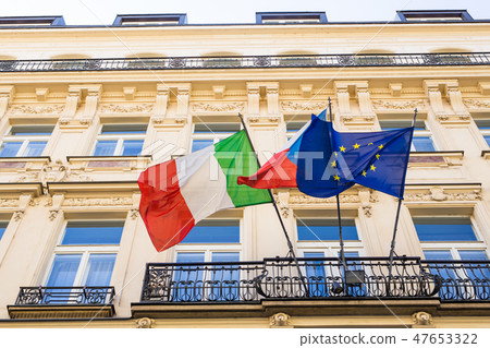 italian and european flags and other flag on a balcony 47653322