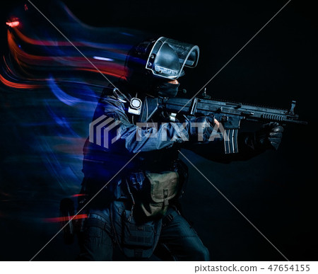 one soldier police swat tactical forces man isolated black backg 47654155