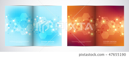 Bi fold brochure template with science and technology background. Geometric texture with molecular 47655190
