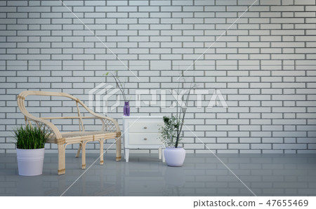 living room, table and plants on bright gray brick 47655469