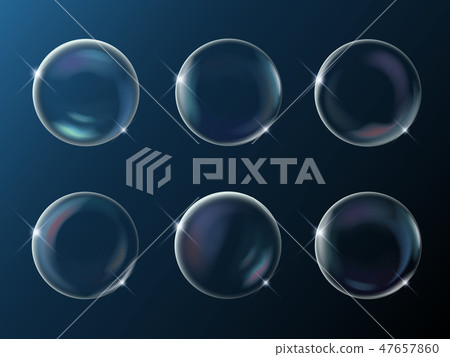 Set of realistic bright sparkling soap bubbles with rainbow reflection on dark night bakground Set of realistic bright sparkling soap bubbles with rainbow reflection on dark night bakground 47657860