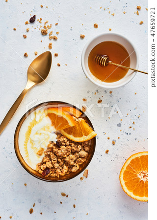 Bowl of homemade muesli with yogurt and honey Bowl of homemade muesli with yogurt and honey 47659721