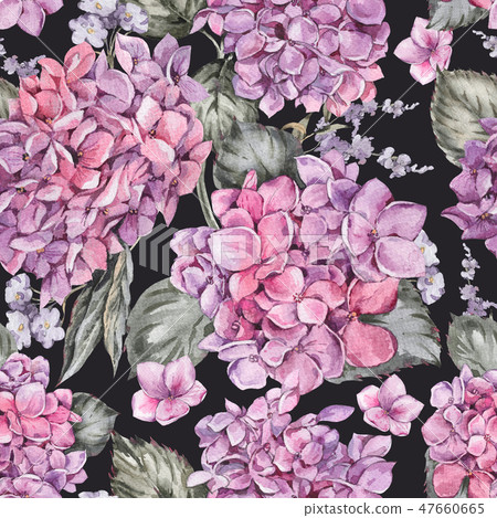 Summer Watercolor Vintage Floral Seamless Pattern with Blooming Hydrangea, 47660665