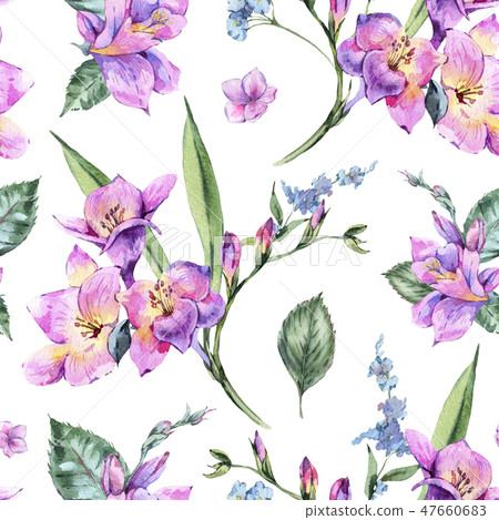 Watercolor Floral Seamless Pattern of Freesia and Garden Flowers Watercolor Floral Seamless Pattern of Freesia and Garden Flowers 47660683
