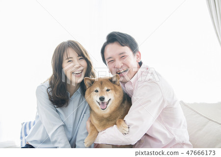 Couple and Shiba Inu portrait Couple and Shiba Inu portrait 47666173