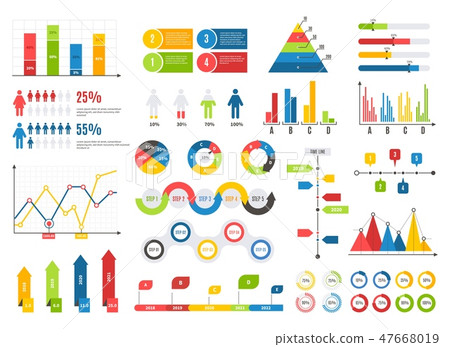 Infographics chart set. Charts result graphs icons statistics financial data diagrams. Isolated 47668019