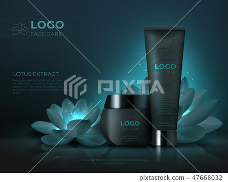 Black cosmetic product background. Luxury beauty skincare cream realistic 3D makeup tube. Cosmetic 47668032